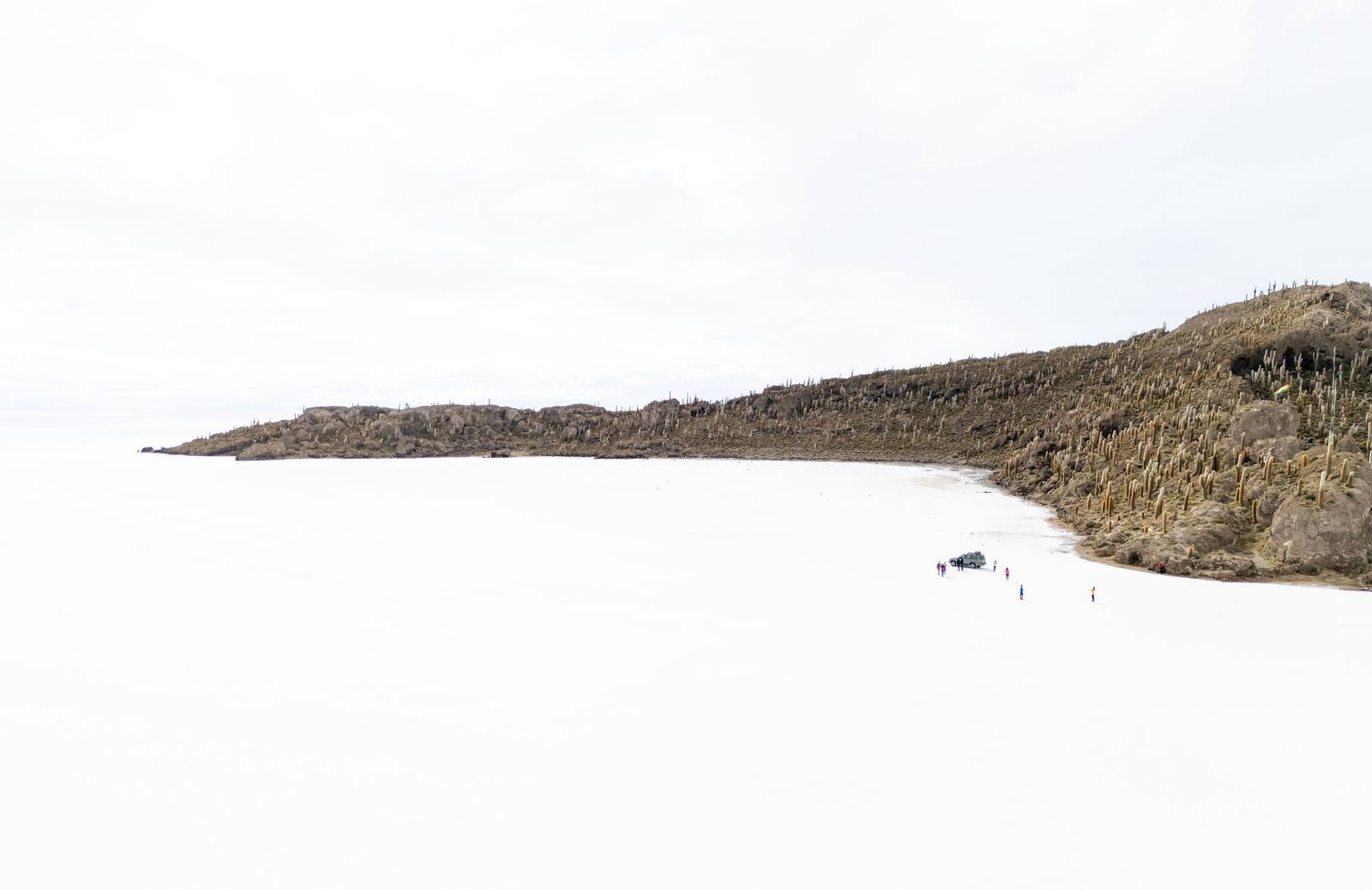 L’île Incahuasi, couverte de cactus, vue depuis le salar blanc, avec un petit groupe de personnes à son pied